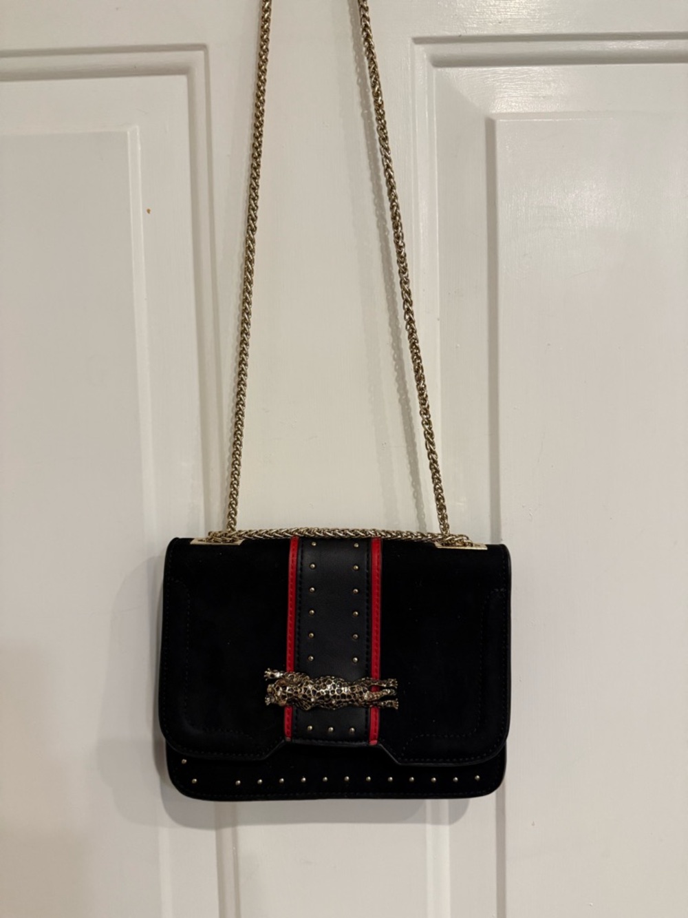 Topshop Panther 🐆 Chain Crossbody Bag | Black Velvet & Studded - Picture 3 of 10